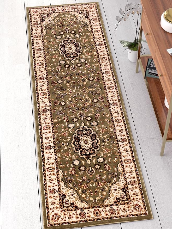 Well Woven Barclay Collection Medallion Kashan Green 2x7 Runner Rug - for Hallways, Kitchens, and Entryways