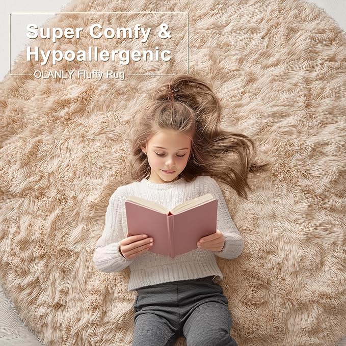 OLANLY Beige Round Rugs for Bedroom - Machine Washable, 9x9 Feet Circle Area Rugs for Living Room, Soft and Fluffy Shaggy Carpet for Teen Girls and Boys, Nursery Rooms, Dorms, Home Decor Aesthetic