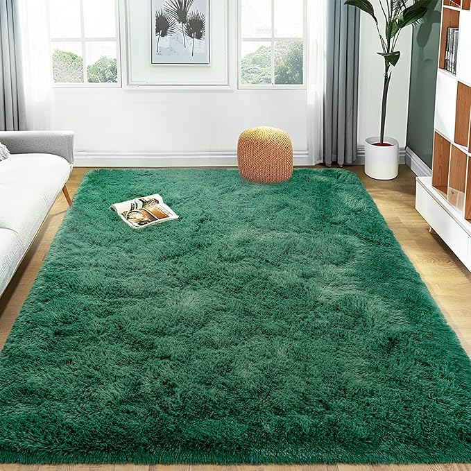 Ultra Fluffy Rug for Living Room Bedroom, 5x7 Fuzzy Large Area Rug for Living Room, Plush Soft Shag Carpet for Girl Boy Kids, Non Slip Rug Modern Indoor Home Decor Aesthetic, Dark Green