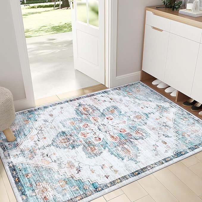 2x3 Rug Entryway Rugs: Washable Boho Vintage Small Rug Indoor Medallion Soft Non Slip Ultra Thin Non-Shedding Front Door Mat for Kitchen Bathroom Bedroom (Azure Blue 2'x3')