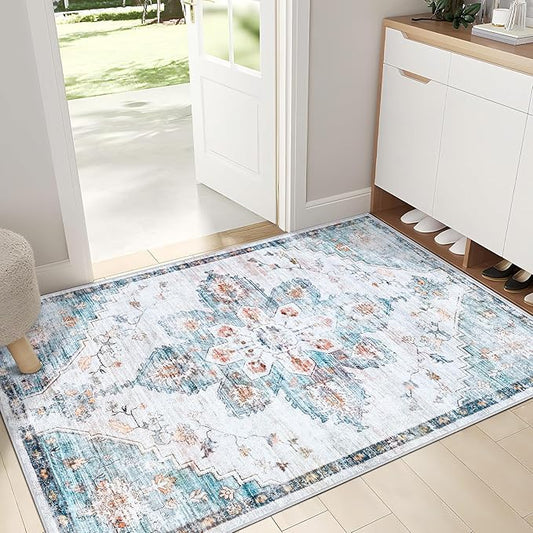 2x3 Rug Entryway Rugs: Washable Boho Vintage Small Rug Indoor Medallion Soft Non Slip Ultra Thin Non-Shedding Front Door Mat for Kitchen Bathroom Bedroom (Azure Blue 2'x3')