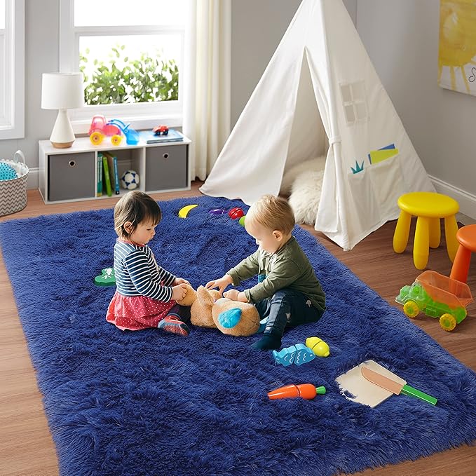 RUGTUDER 5x8 Navy Blue Shag Area Rug for Living Room, Super Soft Shaggy Rugs for Christmas Decor, Boys Playroom, Nursery Room, Upgrade Anti-Skid Plush Indoor Bedroom Floor Carpet