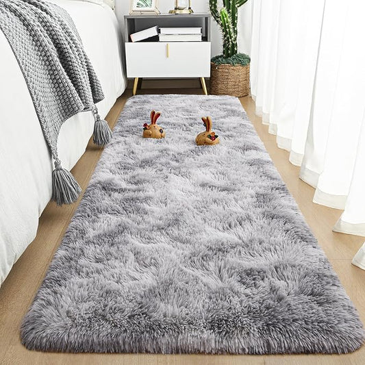 Tepook Fluffy Runner Rugs for Bedroom Aesthetic 2x6 Feet, Shag Soft Bedside Rug with Non-Slip Bottom, Fuzzy Plush Carpet for Room, Hallway Rug for Nursery Dorm Indoor Home Decor, Tie-dye Light Grey