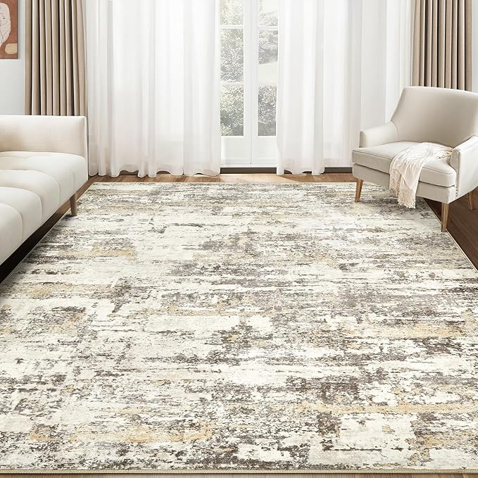 Area Rugs for Living Room: 5x7 Abstract Washable Rug Modern Neutral Large Soft Stain Resistant Non-Slip Backing Machine Table for Bedroom Dining Room Indoor Home Office Carpet - Gold Brown