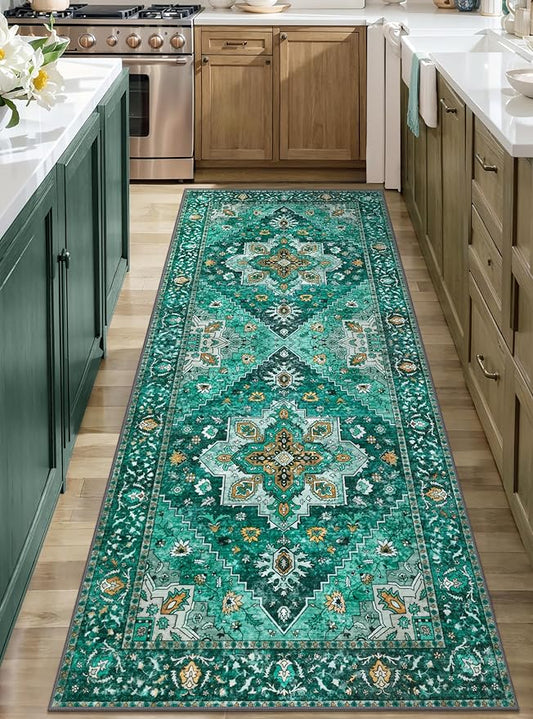 2x6 Washable Runner Rug for Hallways, Non Slip Vintage Runner Rug, Soft Low Pile Long Rugs, Print Distressed Emerald Carpet Runners for Kitchen Bedroom Entryway Bathroom Living Room
