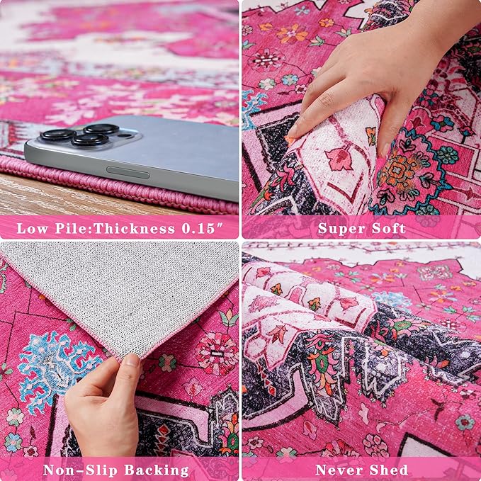 Noahas Front Door Mat Indoor Outdoor Entrance,2x3 Small Hot Pink Area Rugs Vintage Machine Washable Rugs Non-Slip Low Pile Carpets for Entryway Porch Bathroom Kitchen Bedroom Laundry Room Home Decor