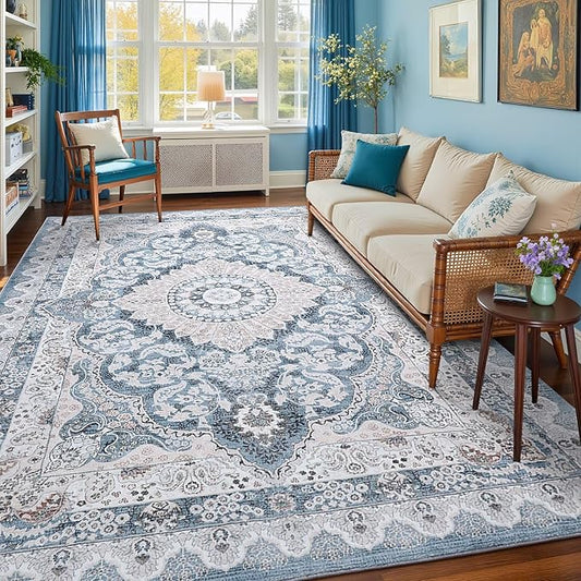 8x10 Area Rug for Bedroom, Machine Washable Rugs with Non-Slip Backing for Living Room, Large Vintage Carpet Kitchen Laundry Kids Room Decor, Blue & Beige