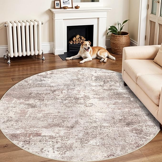 Washable Abstract 6ft Round Rugs - Large Rugs for Living Room Non Slip Indoor Entryway Rubber Backing Carpet Bedroom Kitchen Distressed Stain Resistant Floor Decor Mat Machine Washable 6ft Brown
