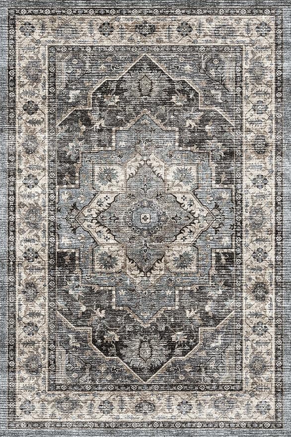 Dripex 2x3 Area Rugs, Machine Washable Non Slip Boho Rugs,Distressed Small Entryway Rug Doormat, 0.24" Low Pile Vintage Rug, Floor Carpet for Front Entrance Kitchen Bathroom,Dark Blue and Green