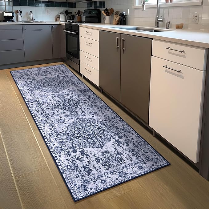 YJ.GWL Area Rug 2x7, Machine Washable Hallway Runner Rug, Boho Floral Vintage Distress Print Pattern Carpet, Low Pile Lightweight Thin Rugs for Entryway, Kitchen and Corridor, Blue/White
