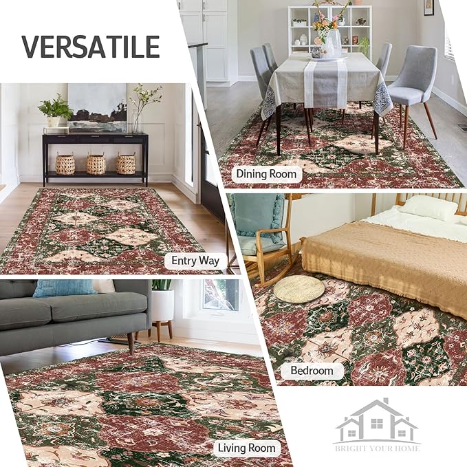 Washable Boho Vintage Area Rugs 5×7 Non-Slip Traditional Red and Green Carpet for Living Room Bedroom Dining Room Farmhouse