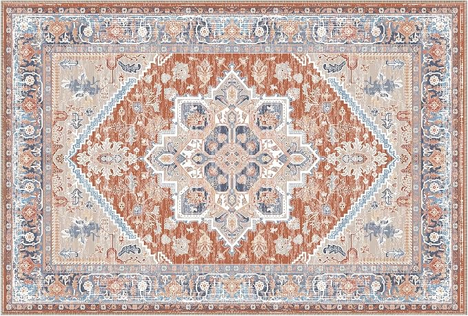 BESTSWEETIE 2x10 Area Rugs for Living Room Washable Non Slip Carpet Low Pile Soft Vintage Print Pattern Rug for Bedroom Dining Room Kitchen Entryway Indoor-Brick/Blue/Light Ivory