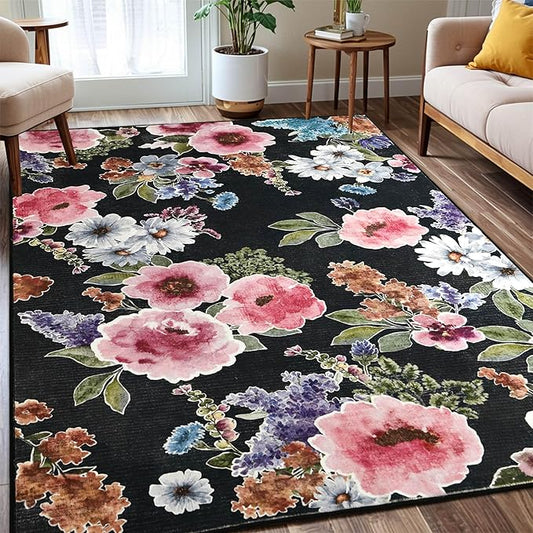 YJ.GWL Floral Black Area Rug for Living Room - 5x7 Washable Rug Soft Low Pile Stain Resistant Throw Accent Rug Carpets for Bedroom Dining Room Kids Nursery Room Office Kitchen