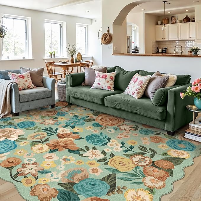 Washable Floral Area Rug 6x9 Green Living Room Large Carpet Bedroom Scalloped Flower Non Slip Soft Throw Rug Farmhouse Low Pile Thin Indoor Floor Cover for Dining Room Office