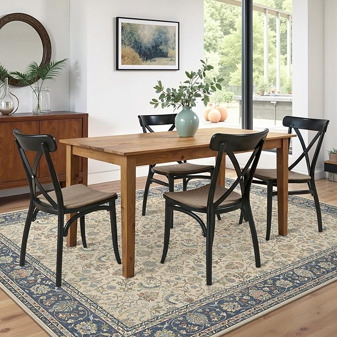 8X10 Area Rugs Machine Washable Rugs for Living Room, Vintage Boho Large Rugs for Bedroom Dining Room, Non Slip Indoor Soft Distressed Lightweight Thin Low Pile Carpet, Ivory Navy Blue