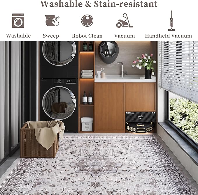 8x10 Rug, Washable Neutral Boho Modern Vintage Non Slip Floral Area Rugs, Low Pile Soft Rugs, Area Rugs, Slip Resistance Carpet, Pet-Friendly Carpet, Durable Rug for Living Room, Bedroom