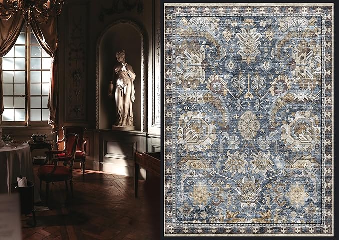 Washable Area Rugs - Perfect for Living Room, Bedroom, Kids Room, Nursery - Stain & Water Resistant Non-Slip, Pet & Child Friendly, Vintage Tribal Area Rugs (Navy, 8' x 10')