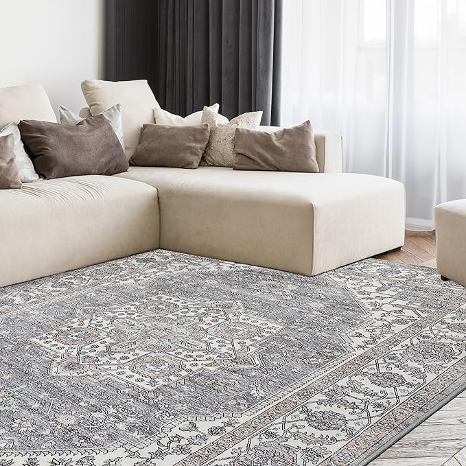 Vintage Area Rug, 8x10 Washable Rugs for Living Room Bedroom Indoor Throw Rug, Distressed Boho Country Accent Rugs, Thin Low-Pile Floor Carpet for Kids Pet (Brown)
