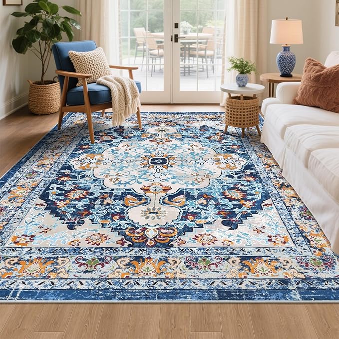 U'Artlines Boho Vintage Area Rug 5x7 Machine Washable Low Pile Soft Floor Carpet Non Slip Non Shedding Accent Rug for Living Room Bedroom Entryway Dining Room Office Blue