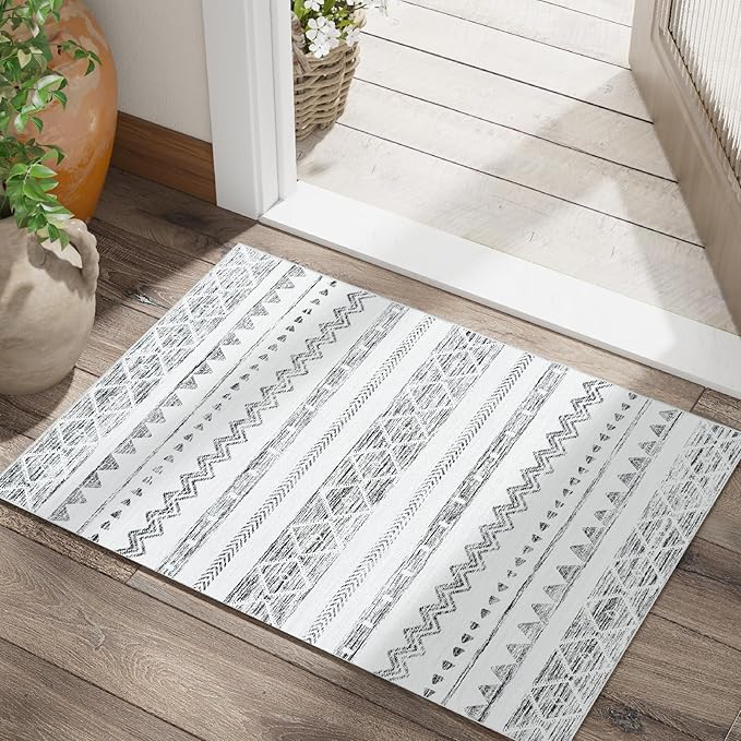 jinchan Area Rug 2x3 Moroccan Entryway Ultra-Thin Door Mat Washable Boho Geometric Rug Non-Slip Carpet for Bathroom Bedroom Laundry Room Charcoal