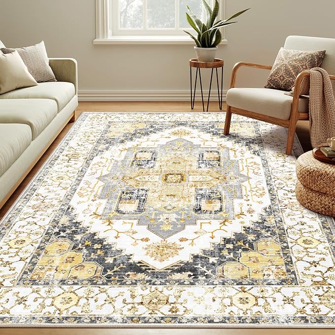 Washable 3x5 Area Rugs, Rugs for Living Room, Low-Pile Water&Stain Resistant Carpet Vintage Distressed Printed Non-Slip Carpet for Bedroom Bathroom Kitchen-Grey/Yellow