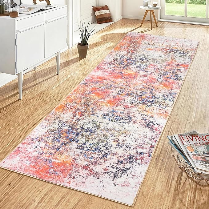 Washable Runners for Hallways 2x6 Runner Rug Non Slip Soft Kitchen Runner Rugs Abstract Non Skid Accent Print Faux Wool Carpet Runners for Entryway Laundry Room Entrance, Pink/Multi
