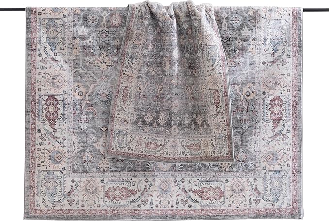 Carvapet Rugs for Living Room Bedroom, Vintage Low Pile Large Carpet with Rubber Backing, Non Slip Foldable, Machine Washable (9 x 6 Feet Rectangular, Grey/Pink Area Rug)
