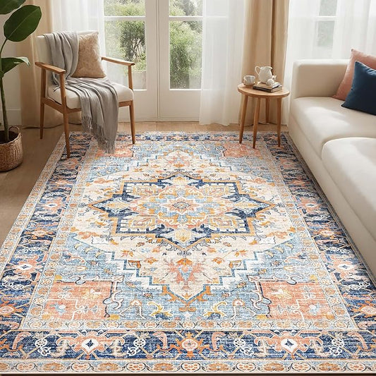 Kokia Washable Area Rugs 5x7 Living Room Boho Non Slip Thin Carpet Stain Resistant Vintage Multicolor Printed Oriental Foldable Distressed Rug for Bedroom Indoor House