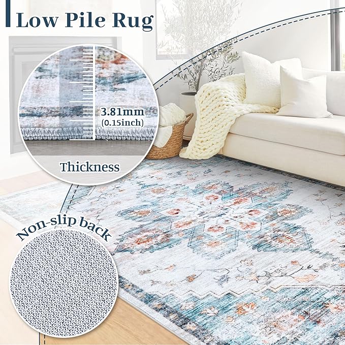2x3 Rug Entryway Rugs: Washable Boho Vintage Small Rug Indoor Medallion Soft Non Slip Ultra Thin Non-Shedding Front Door Mat for Kitchen Bathroom Bedroom (Azure Blue 2'x3')