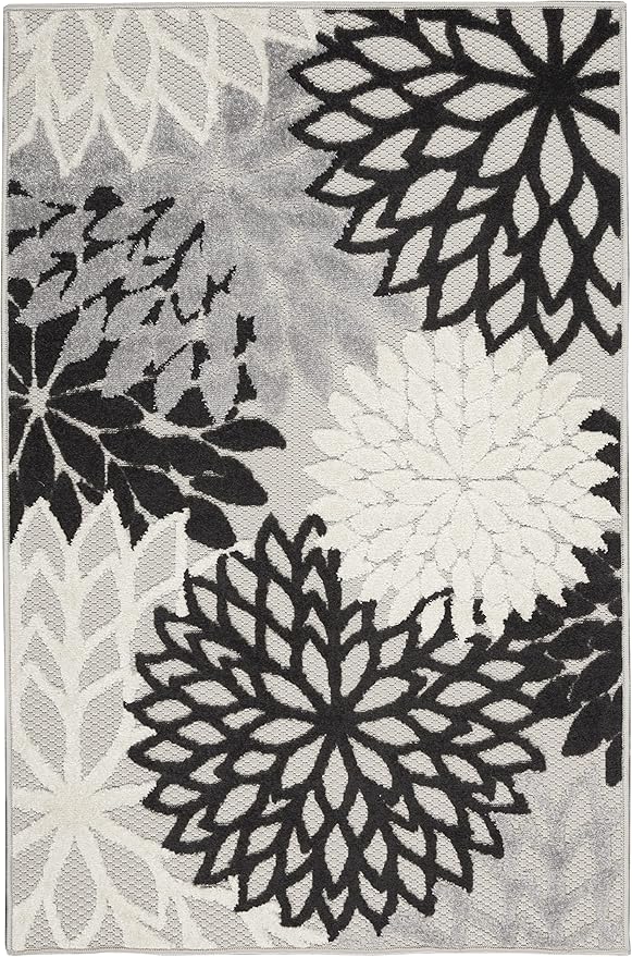 Nourison Aloha Indoor/Outdoor Black White 3' x 5' Area Rug, Easy Cleaning, Non Shedding, Bed Room, Living Room, Dining Room, Kitchen (3x5)