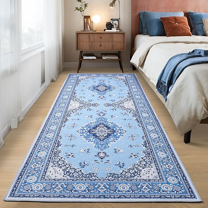 Tepook 2x6 Vintage Runner Rug - Low Pile Washable Non-Slip Carpet for Hallway, Kitchen, Bedroom, Entryway, Laundry Room, Bathroom - Indoor Throw Rug in Blue