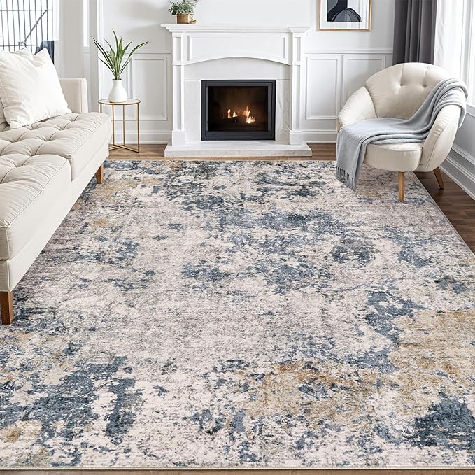 Area Rugs for Living Room: 5x7 Abstract Washable Rug Large Soft Stain Resistant Non-Slip Backing for Bedroom Dining Room Indoor Home Office Carpet for Kids Pet Friendly Families - Blue Brown