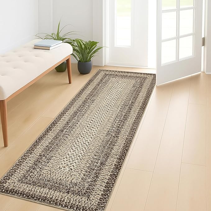Imitation Braided Collection-Print Hallway Runner Rug 2x6 Non Slip Washable Area Rug, Soft Low Pile Farmhouse Rustic Carpet Foldable Indoor Mat for Laundry Room, Kitchen, Bathroom, Entrance