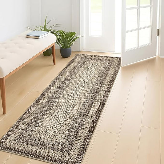 Imitation Braided Collection-Print Hallway Runner Rug 2x6 Non Slip Washable Area Rug, Soft Low Pile Farmhouse Rustic Carpet Foldable Indoor Mat for Laundry Room, Kitchen, Bathroom, Entrance