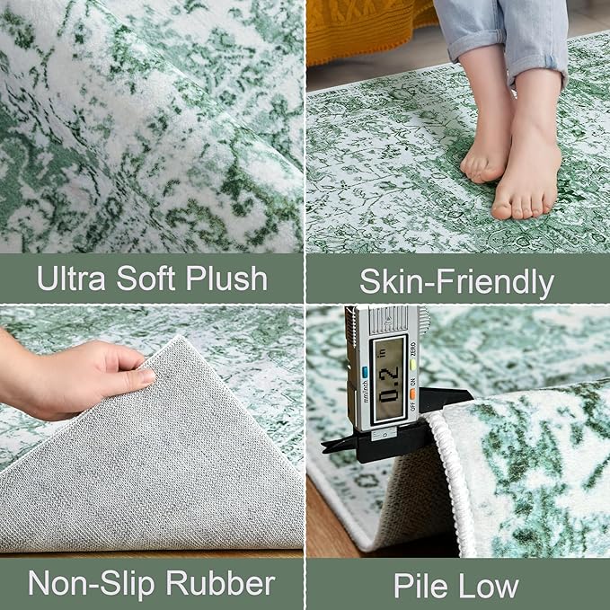 Keeko Small Rugs for Entryway, 2x3 Living Room Area Rug Vintage Door Mat Accent Bedroom Bedside Rug Indoor Low Pile Retro Non Slip Front Door Print Throw Rugs for Kitchen Laundry Room Decor Green
