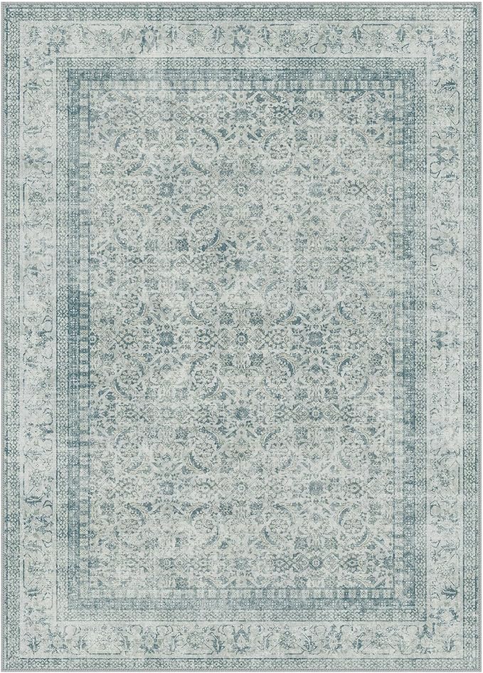 Area Rugs for Living Room 9x12 Machine Washable Rug, Boho Vintage Retro Floral Carpet for Bedroom Dining Room, Low Pile Lightweight Non Slip Rug, Blue