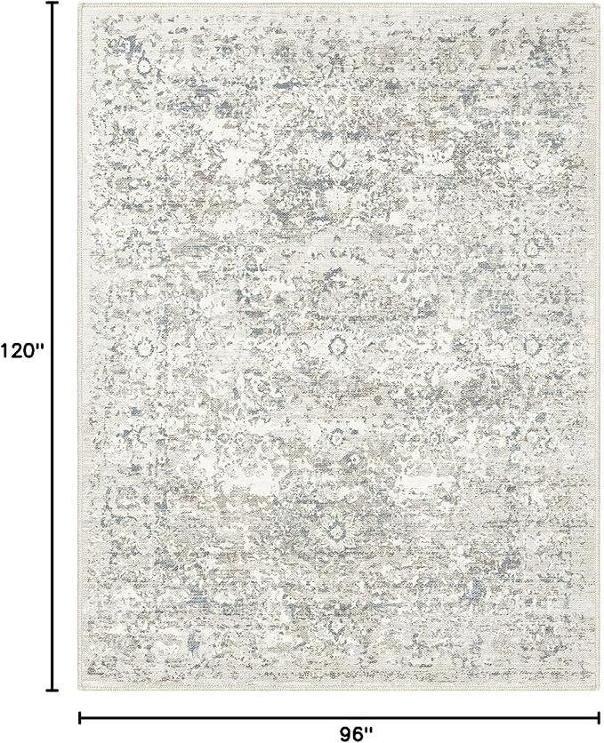 Area Rug 8x10 Washable Rug Living Room Vintage Rug Non Slip Accent Thin Retro Floral Print Indoor Mat for Bedroom Kitchen (Cream-Based with Grey 8x10)…