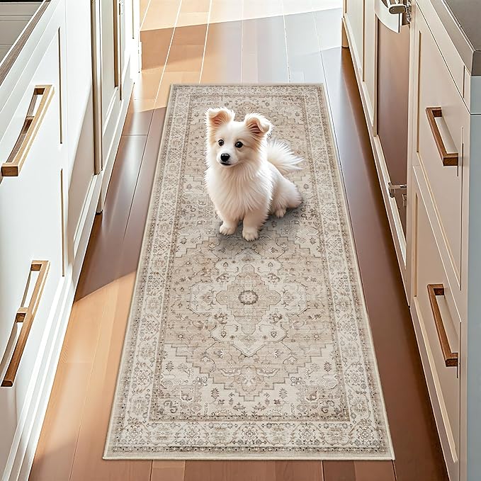 Washable Hallway Runner Rug 2x5 - Kitchen Rugs Beige Farmhouse Vintage Soft Carpet for Living Room Bedroom Bathroom Non Slip Stain Resistant Home Decor (2x5,Beige)
