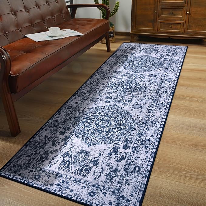 YJ.GWL Area Rug 2x6, Machine Washable Hallway Runner Rug, Boho Floral Vintage Distress Print Pattern Carpet, Low Pile Lightweight Thin Rugs for Entryway, Kitchen and Corridor, Blue/White