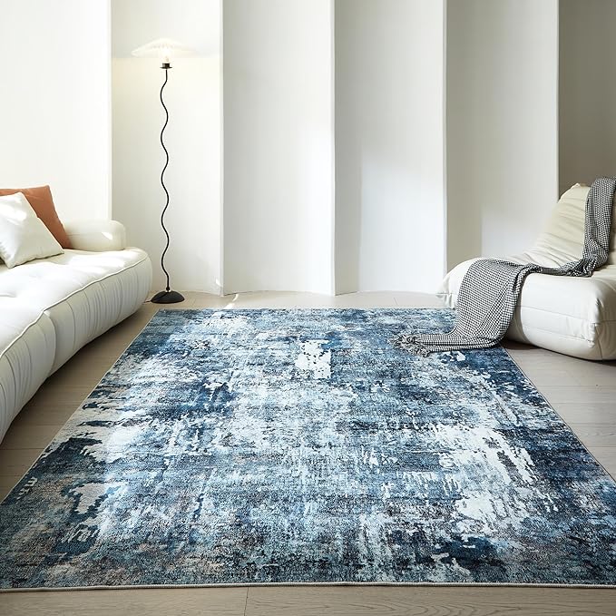 6x9 Rug Washable Bedroom Rug Large Boho Rug Soft Area Rug Abstract Pattern Non-Slip Non-Shedding Faux Wool Vintage Rug for Living Room, Farmhouse, Dining Room, Kids Playroom, Blue