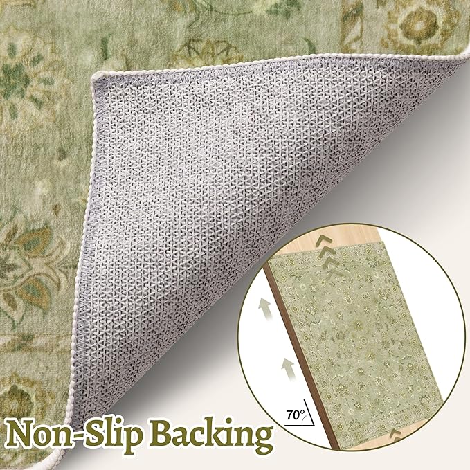 2.6x8 Washable Runner Rug for Hallways, Floral Vintage Runner Non Slip, Soft Low Pile Long Rugs, Print Distressed Green Carpet Runners for Kitchen Bedroom Entryway Living Room