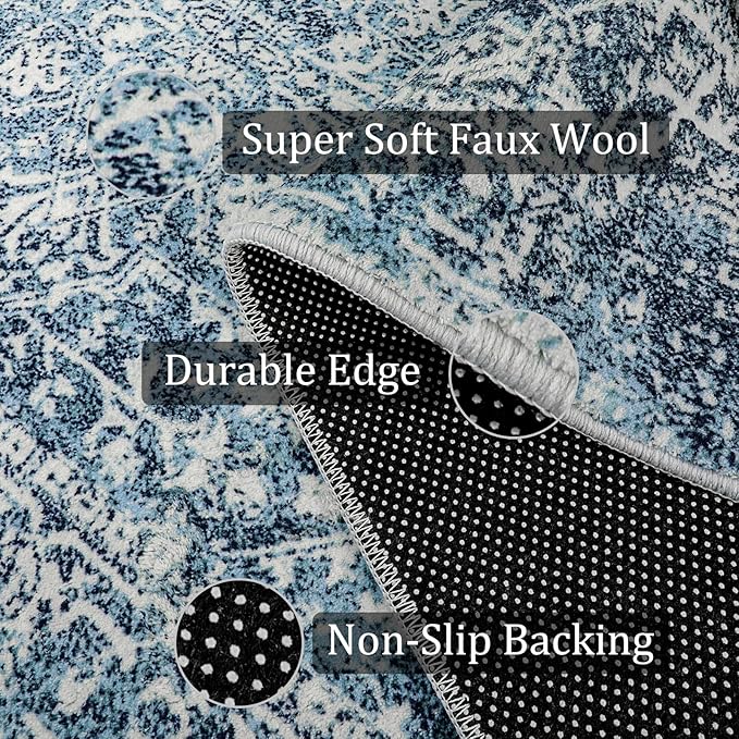 Morebes Boho 4x6 Rug for Living Room, Stain Resistant Washable Area Rug for Bedroom Non Slip Entryway Rug, Vintage Medallion Low Pile Soft Carpet for Bathroom Kitchen Dining Room, Deep Blue