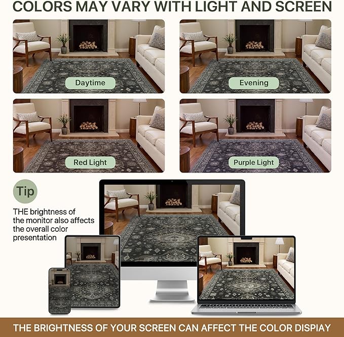 3x5 Area Rugs for Living Room, Machine Washable Rug Non Slip, Vintage Chenille Distressed Print Carpet, Large Low Pile Ultra-Thin Lightweight Rugs for Bedroom, Dining Room, Office Green Black