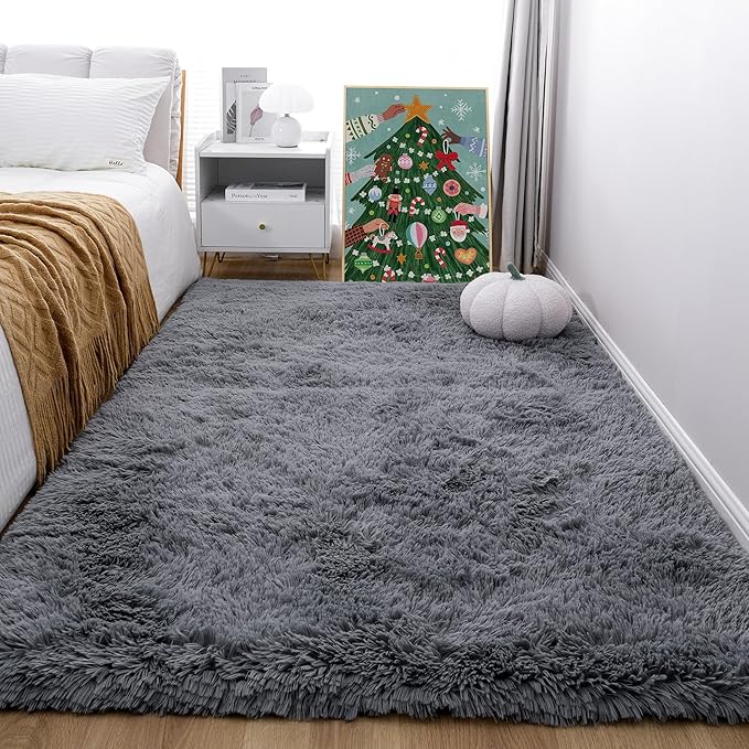 5x8 Grey Fluffy Fuzzy Area Rug for Bedroom, Soft Plush Washable Shag Carpet for Living Room,Gray Comfy Floor Non Slip Furry Shaggy Rugs for Kids Baby Boys Girls Nursery Teens College Dorm
