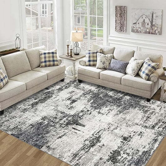 10x14 Area Rugs Living Room Rugs: Large Washable Rug with Anti-Slip Backing Non-Shedding Stain-Resistant Soft Abstract Carpet for Bedroom Dining Room Nursery Home Office-Black/Gray