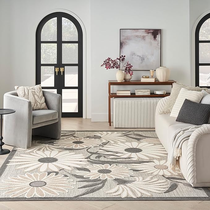 Nourison Aloha Indoor-Outdoor Beige 5'3" x 7'5" Area Rug, Easy Cleaning, Non Shedding, Bed Room, Living Room, Dining Room, Kitchen (5x7)