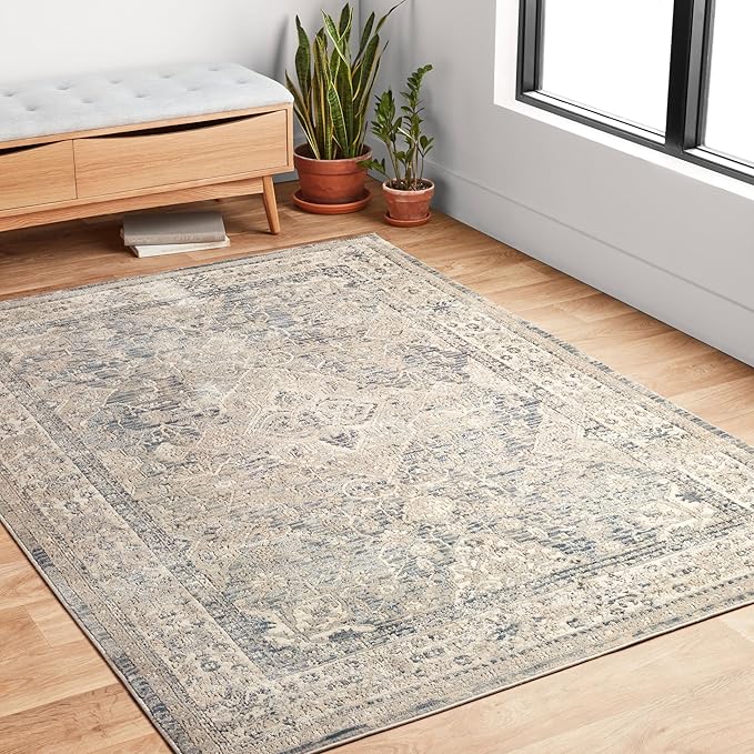 Loloi Teagan Collection 6'-7" x 9'-2" Area Rug in Sky/Natural - Large, Soft Neutral Rug, High-Traffic for Living Room, Bedroom, Home Office, Dining Area