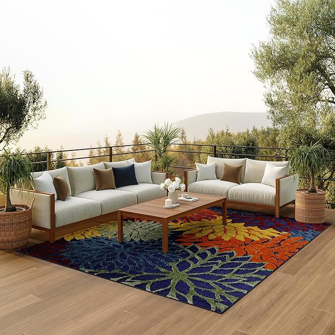 Nourison Aloha Indoor/Outdoor Modern Navy Multicolor 7'10" x 10'6" Area Rug, Easy Cleaning, Non Shedding, Bed Room, Living Room, Dining Room, Backyard, Deck, Patio (8x11)