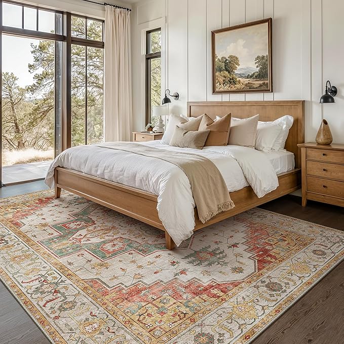 8X10 Area Rugs Machine Washable Rugs for Living Room, Vintage Boho Large Rugs for Bedroom Dining Room, Non Slip Indoor Soft Distressed Lightweight Thin Low Pile Carpet, Yellow Slate Green