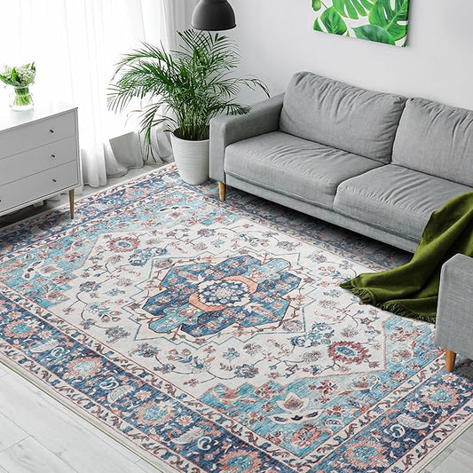 6x9 Area Rug, Blue Gray, Vintage Boho, Non-Slip, Non-Shedding, Stain Resistant, Geometric Pattern, Rectangular, Indoor, Living Room, Bedroom, Dining Room, Kitchen, Bathroom, Home Office